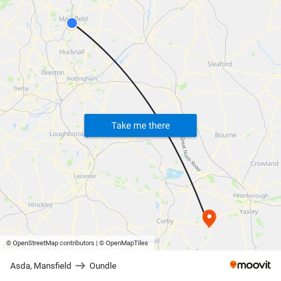 Asda, Mansfield to Oundle map