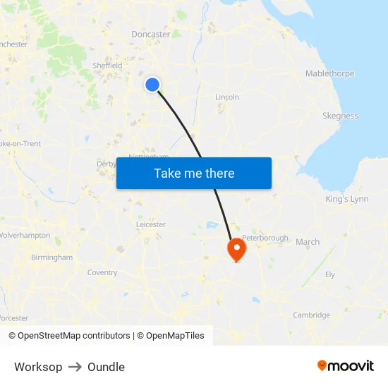 Worksop to Oundle map