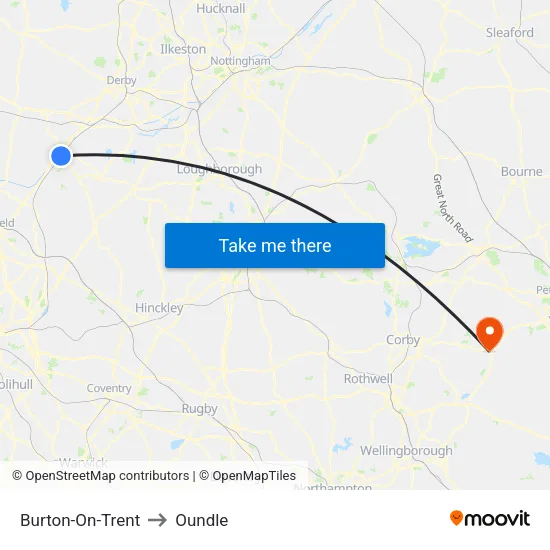 Burton-On-Trent to Oundle map
