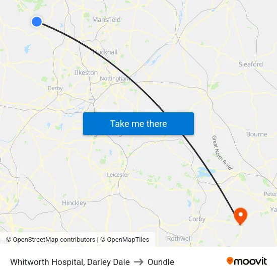 Whitworth Hospital, Darley Dale to Oundle map
