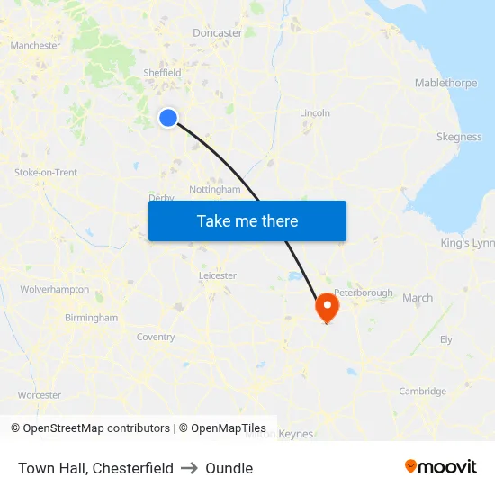 Town Hall, Chesterfield to Oundle map