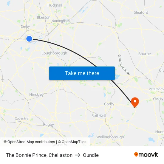 The Bonnie Prince, Chellaston - Derby to Oundle map