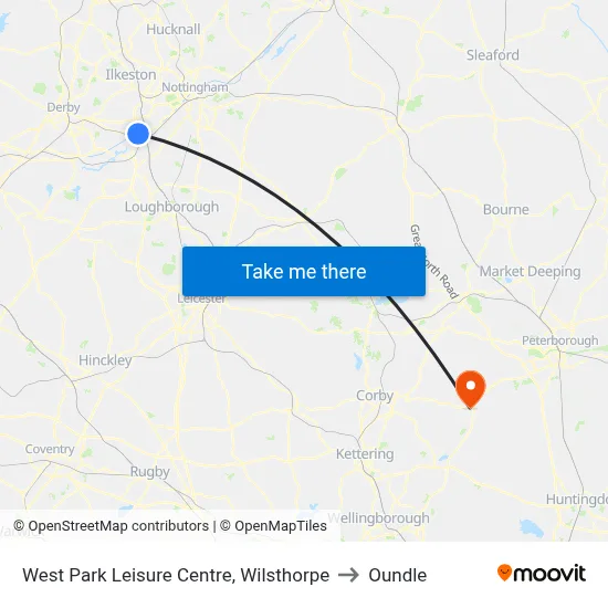 West Park Leisure Centre, Wilsthorpe to Oundle map