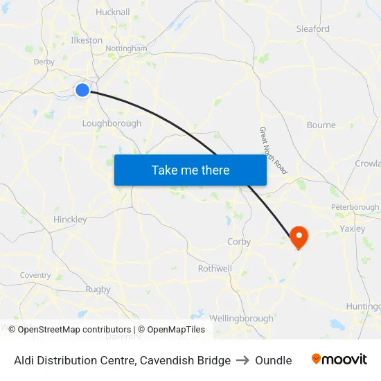 Aldi Distribution Centre, Cavendish Bridge to Oundle map