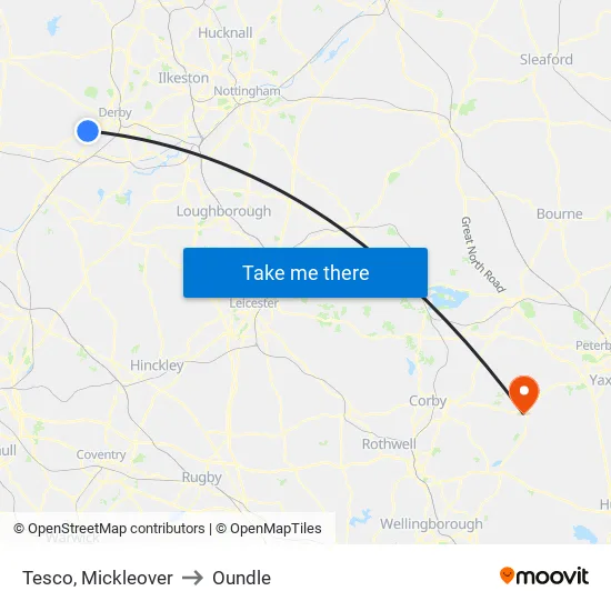 Tesco, Mickleover to Oundle map
