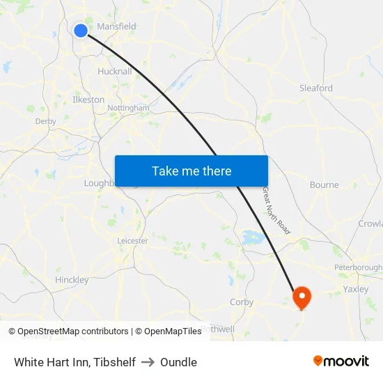White Hart Inn, Tibshelf to Oundle map