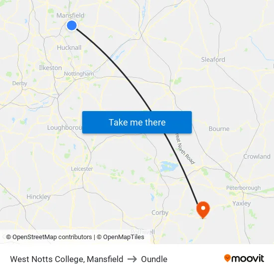 West Notts College, Mansfield to Oundle map