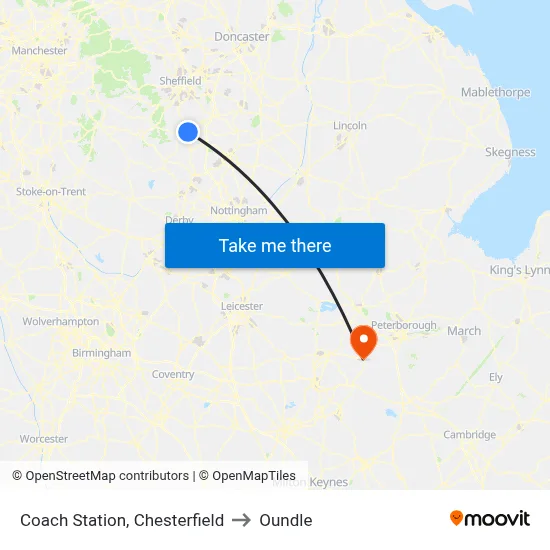 Coach Station, Chesterfield to Oundle map