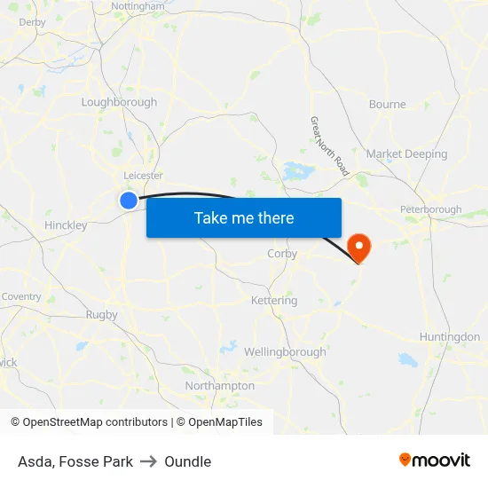 Asda, Fosse Park to Oundle map