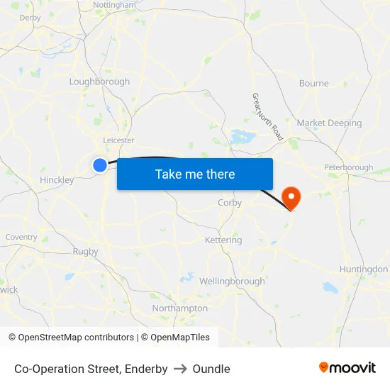 Co-Operation Street, Enderby to Oundle map