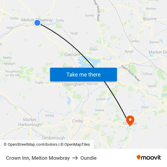 Crown Inn, Melton Mowbray to Oundle map