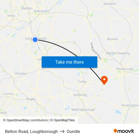 Belton Road, Loughborough to Oundle map