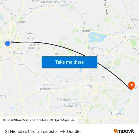 St Nicholas Circle, Leicester to Oundle map
