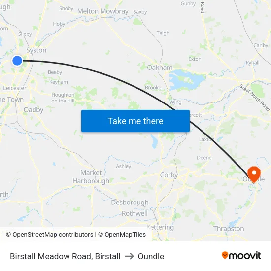 Birstall Meadow Road, Birstall to Oundle map