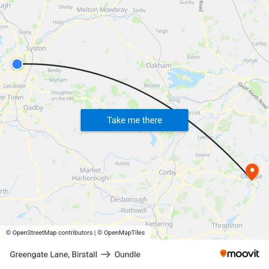 Greengate Lane, Birstall to Oundle map