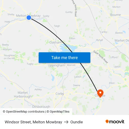 Windsor Street, Melton Mowbray to Oundle map
