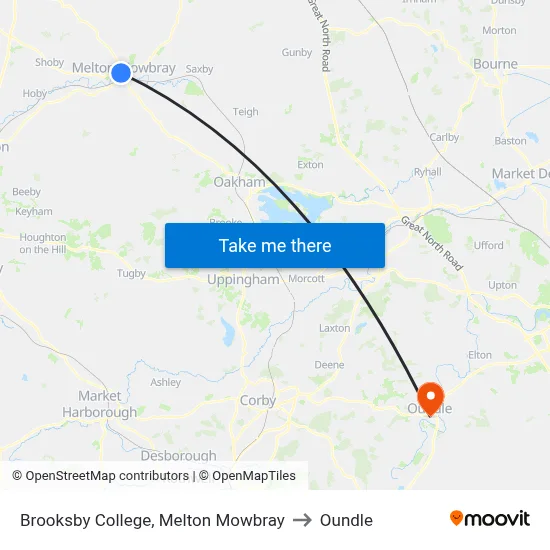 Brooksby College, Melton Mowbray to Oundle map