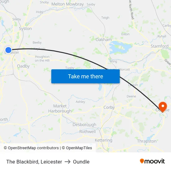 The Blackbird, Leicester to Oundle map