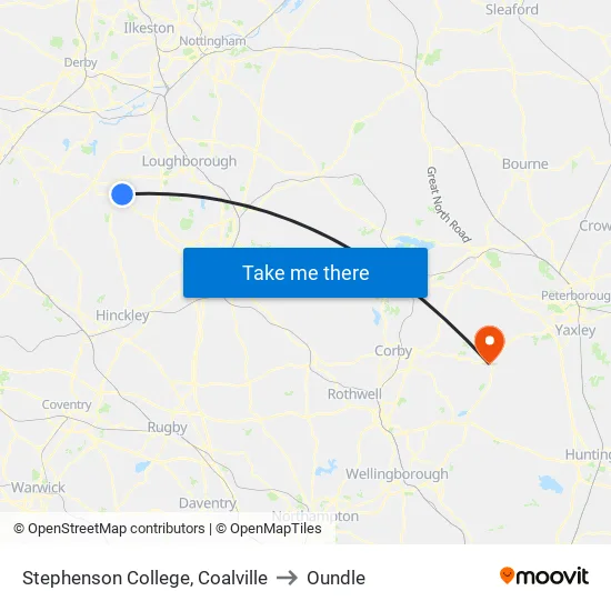 Stephenson College, Coalville to Oundle map