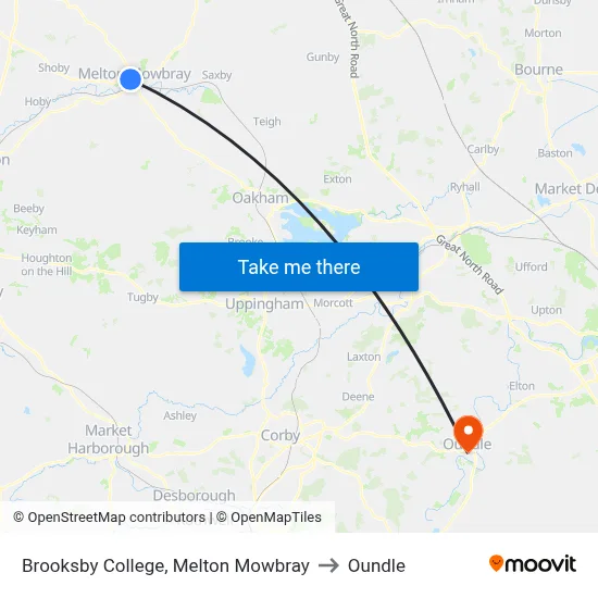 Brooksby College, Melton Mowbray to Oundle map