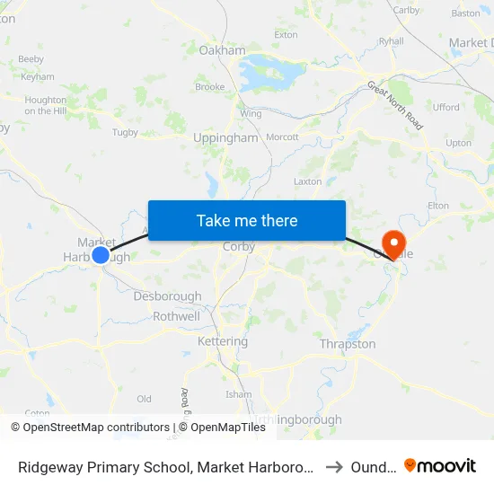Ridgeway Primary School, Market Harborough to Oundle map
