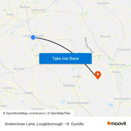 Greenclose Lane, Loughborough to Oundle map