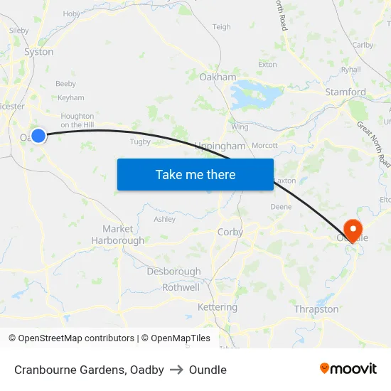 Cranbourne Gardens, Oadby to Oundle map