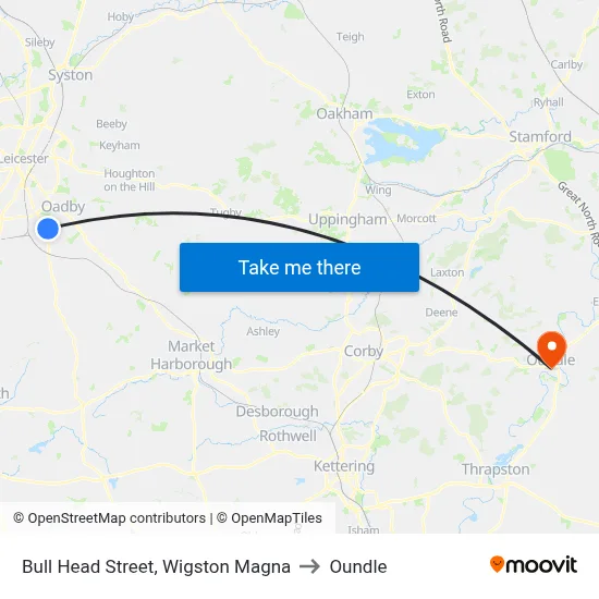 Bull Head Street, Wigston Magna to Oundle map