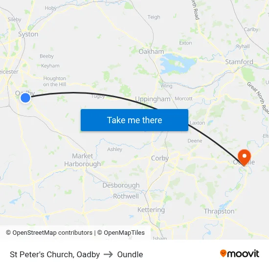 St Peter's Church, Oadby to Oundle map