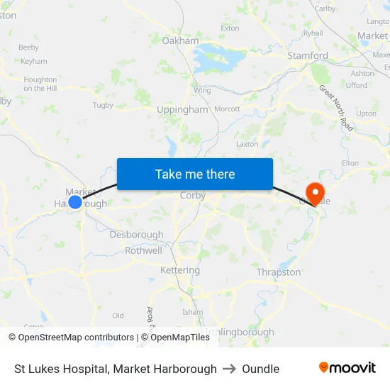 St Lukes Hospital, Market Harborough to Oundle map