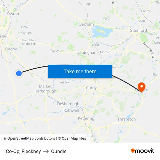 Co-Op, Fleckney to Oundle map