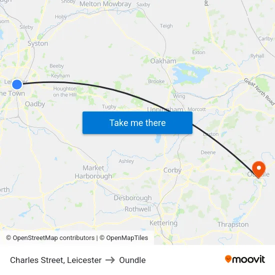 Charles Street, Leicester to Oundle map