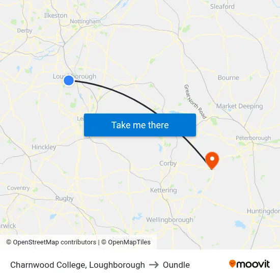 Charnwood College, Loughborough to Oundle map