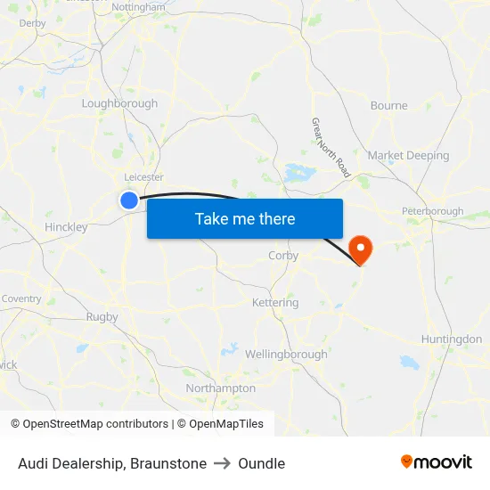 Audi Dealership, Braunstone to Oundle map
