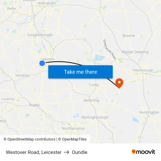 Westover Road, Leicester to Oundle map