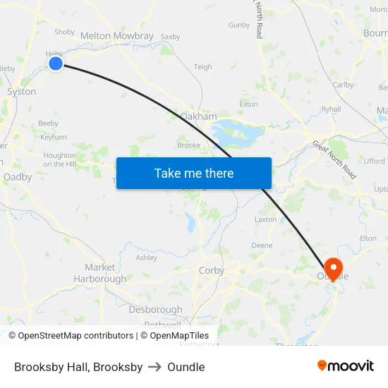 Brooksby Hall, Brooksby to Oundle map