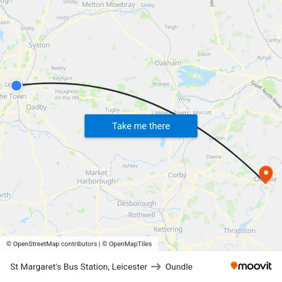 St Margaret's Bus Station, Leicester to Oundle map