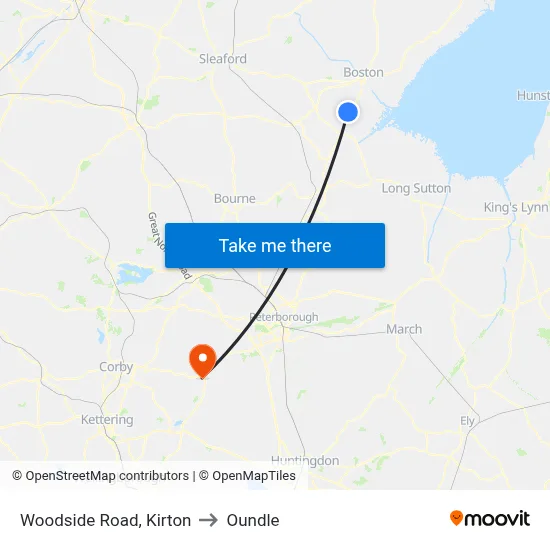 Woodside Road, Kirton to Oundle map
