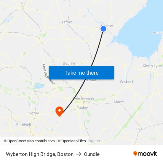 Wyberton High Bridge, Boston to Oundle map