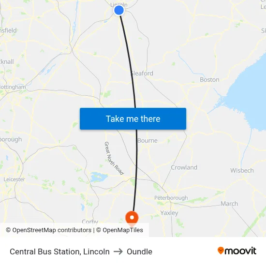 Central Bus Station, Lincoln to Oundle map
