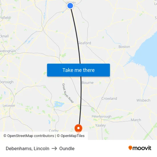 Debenhams, Lincoln to Oundle map