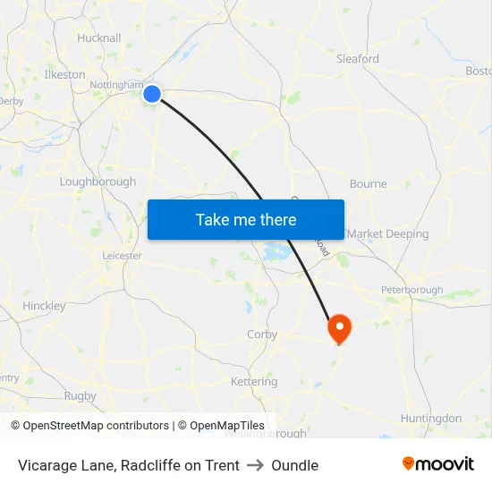 Vicarage Lane, Radcliffe on Trent to Oundle map