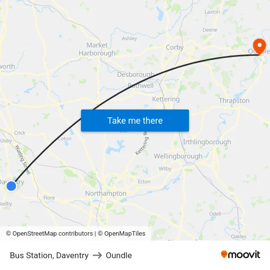 Bus Station, Daventry to Oundle map
