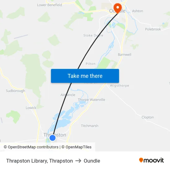 Thrapston Library, Thrapston to Oundle map