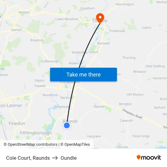 Cole Court, Raunds to Oundle map