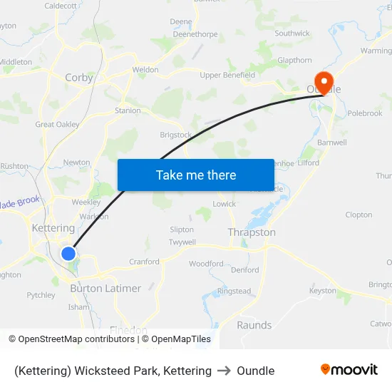 (Kettering) Wicksteed Park, Kettering to Oundle map