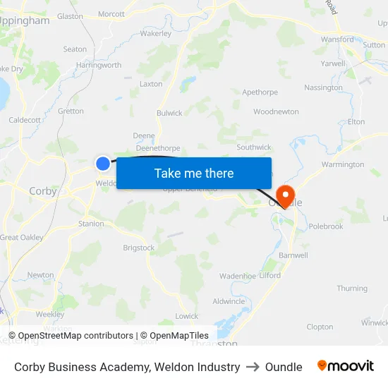 Corby Business Academy, Weldon Industry to Oundle map