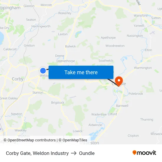 Corby Gate, Weldon Industry to Oundle map