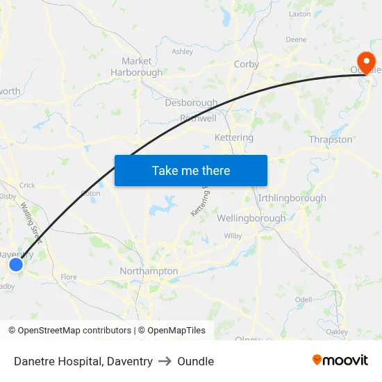 Danetre Hospital, Daventry to Oundle map