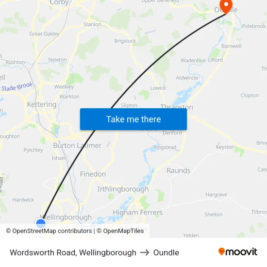 Wordsworth Road, Wellingborough to Oundle map